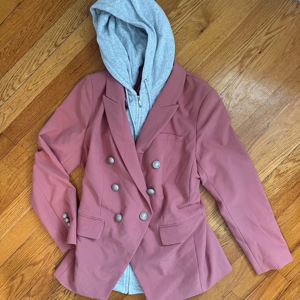 Express Mauve Double-Breasted Blazer with Gray Hoodie